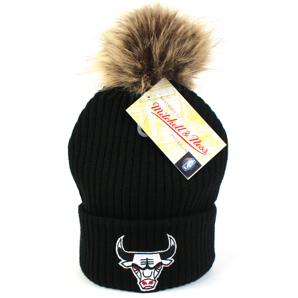 Chicago Bulls Womens Beanie Black Baseplate Pom Mitchell & Ness