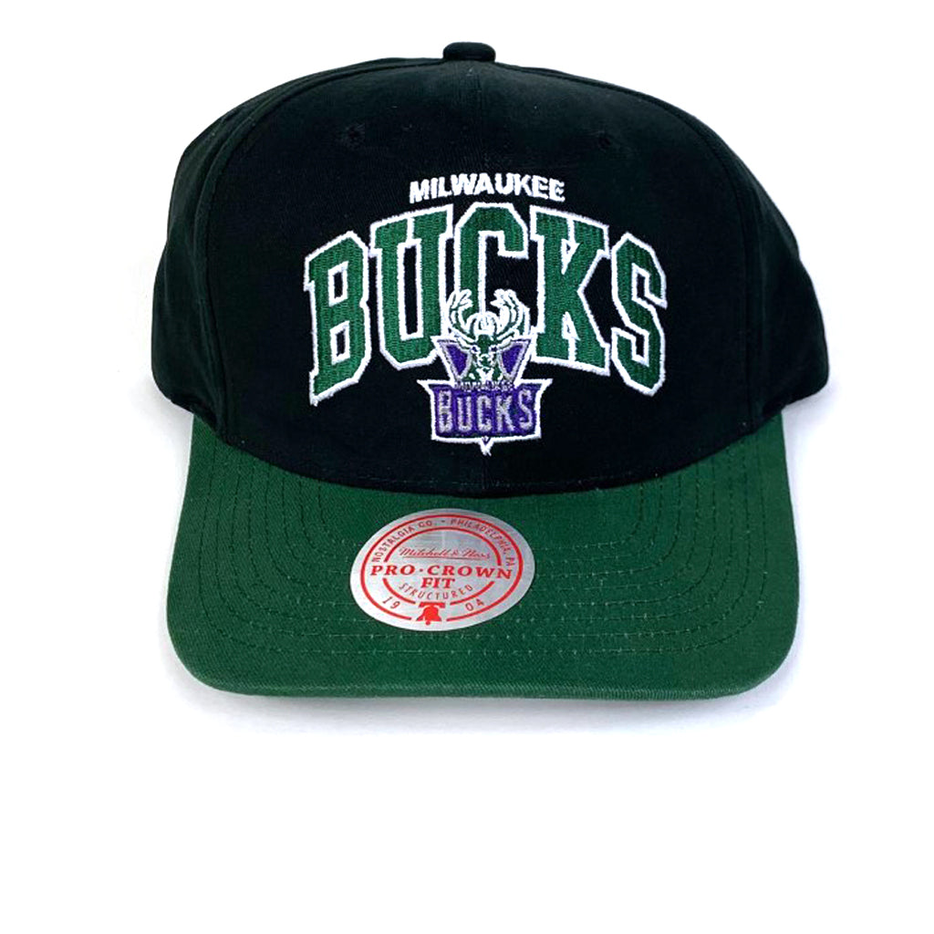 Milwaukee Bucks Hat Black NBA Team Arch Pro Crown Snapback Mitchell & Ness