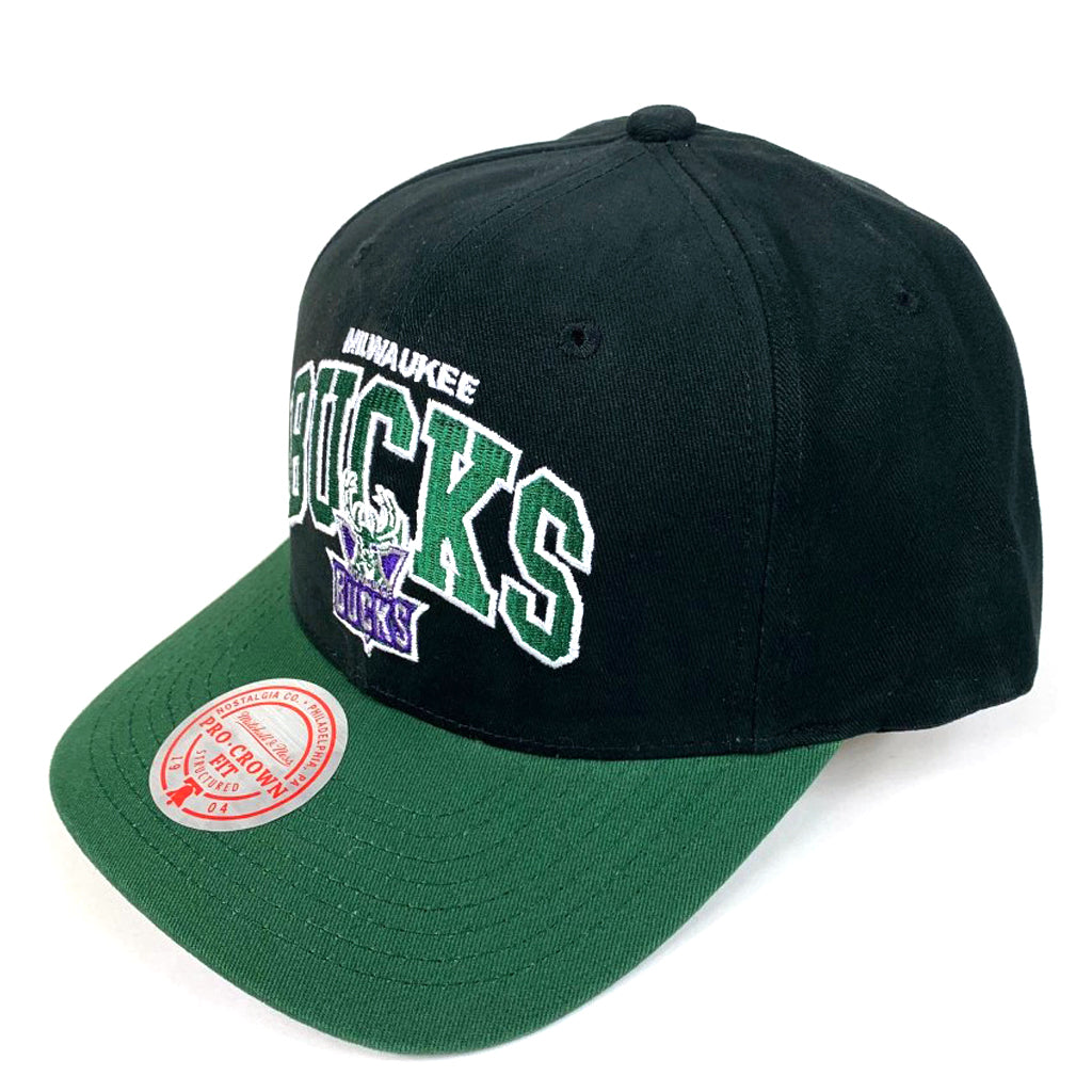 Milwaukee Bucks Hat Black NBA Team Arch Pro Crown Snapback Mitchell & Ness