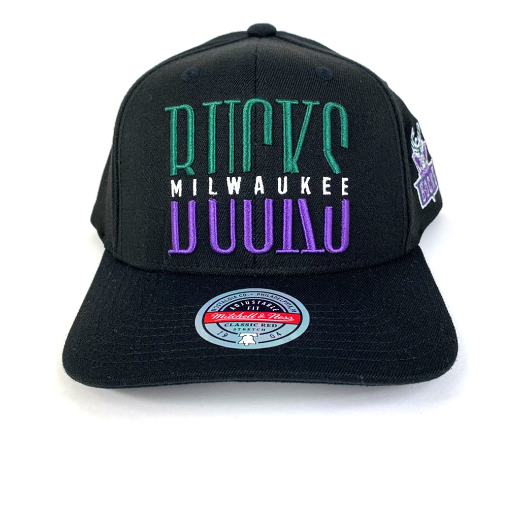 Milwaukee Bucks Hat Black Word Stack Classic RL Snapback Mitchell and Ness